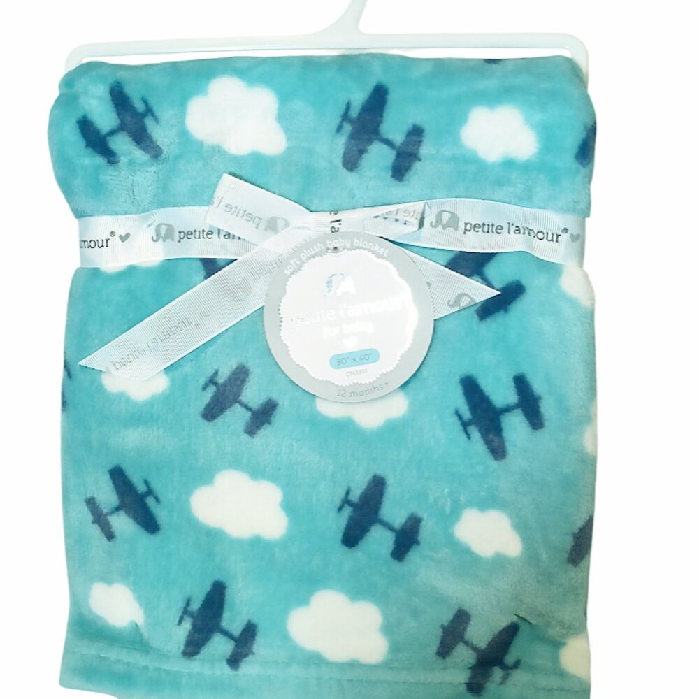 Petite L'Amour Airplane Clouds Blue Security Lovey Blanket 30" X 40" NEW